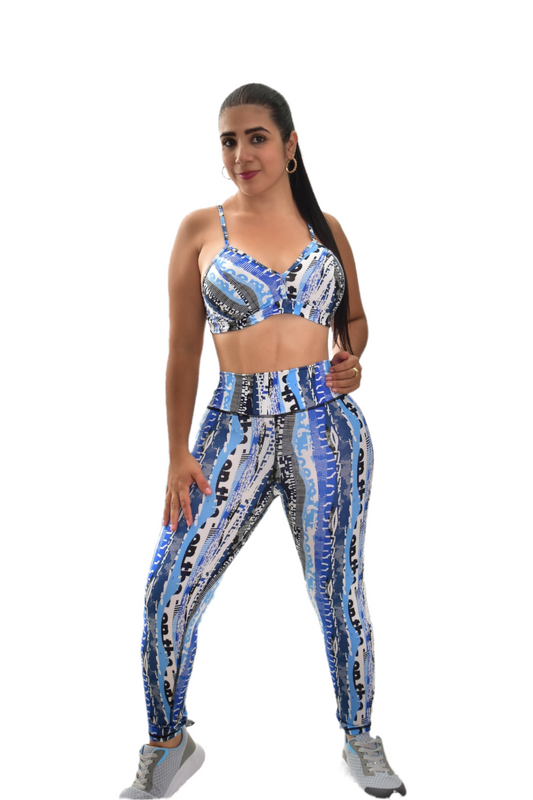 LEGGINS SET 2 PIEZAS SPORTGYM AZUL LINEAS BLANCAS oversilvercolombia